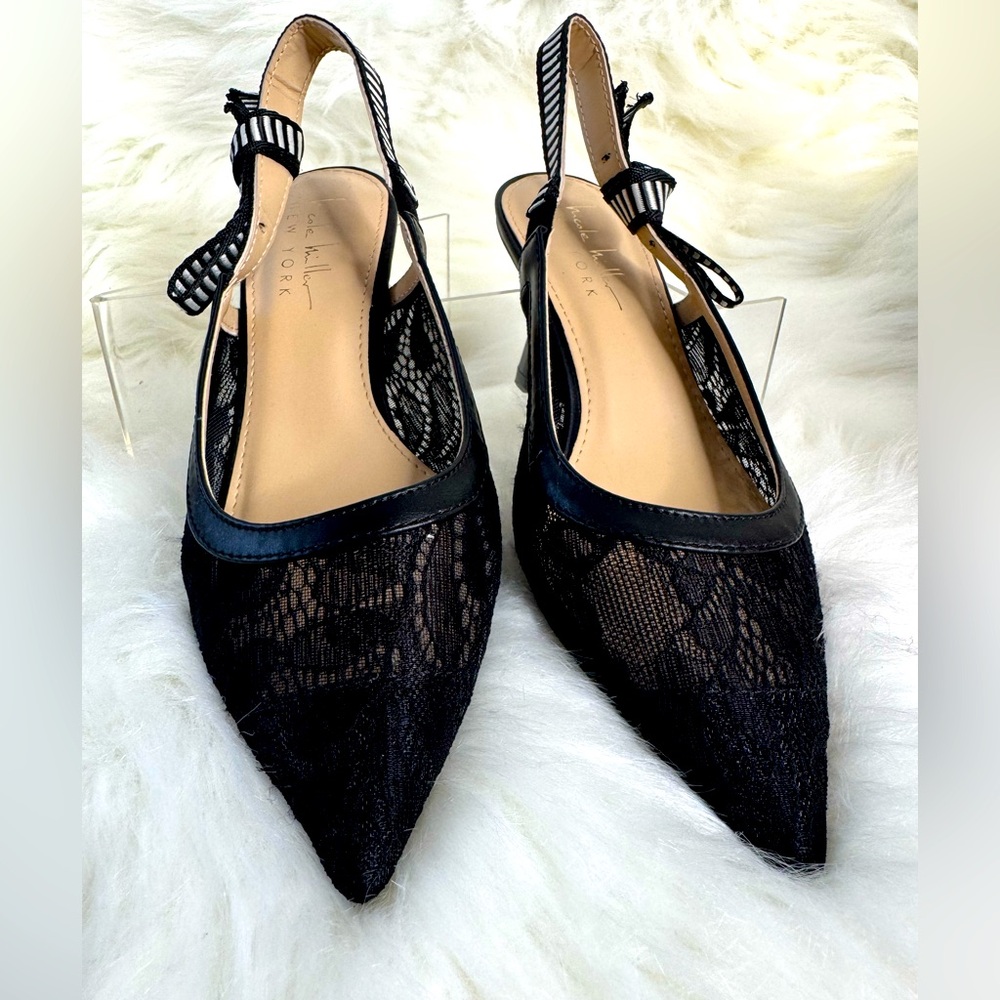 Black Patent Slingback Heels with Striped Elastic - Picture 5 of 13